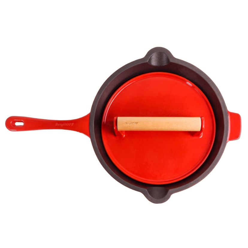 BergHOFF Neo Cast Iron 2pc Fry Pan, Steak Press, Red