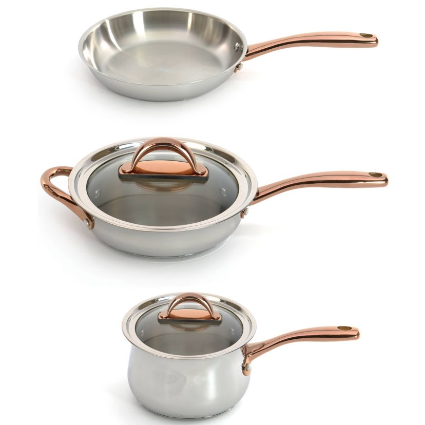 BergHOFF Ouro Gold 18/10 Stainless Steel 5Pc Cookware Set With Glass Lids For Starter, Rose Gold Handle