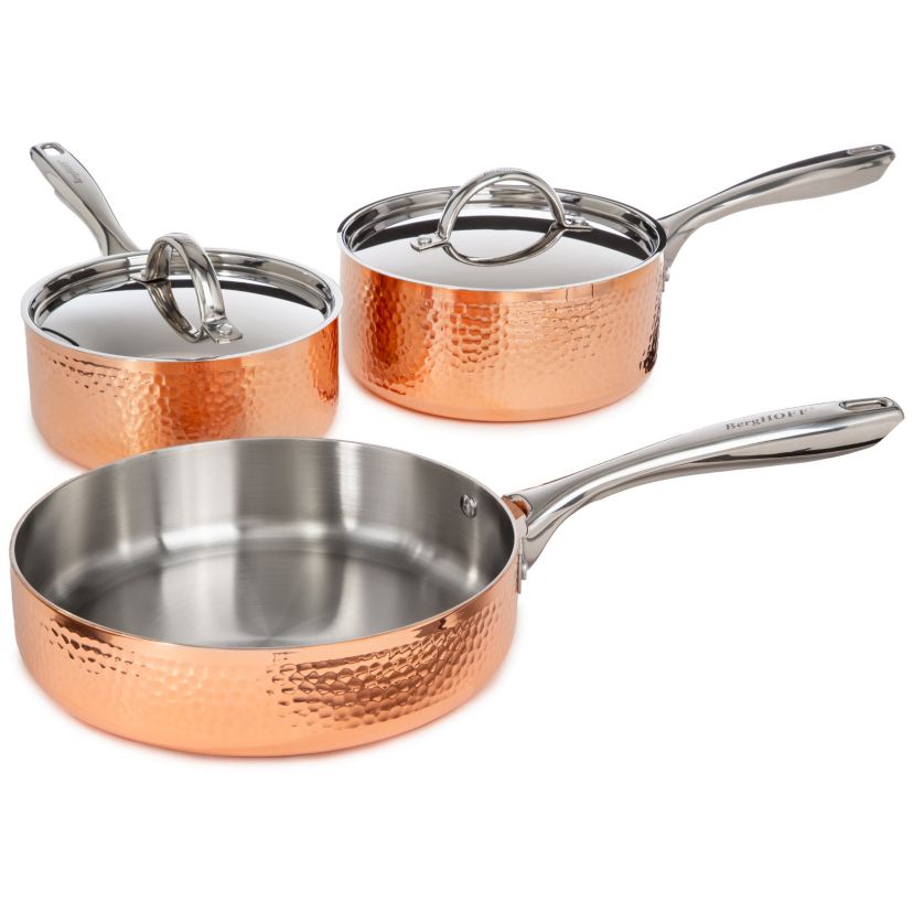 BergHOFF Vintage 5Pc Tri-Ply Copper 18/10 Stainless Steel Starter Cookware Set With Stainless Steel Lids, Hammered, Gold