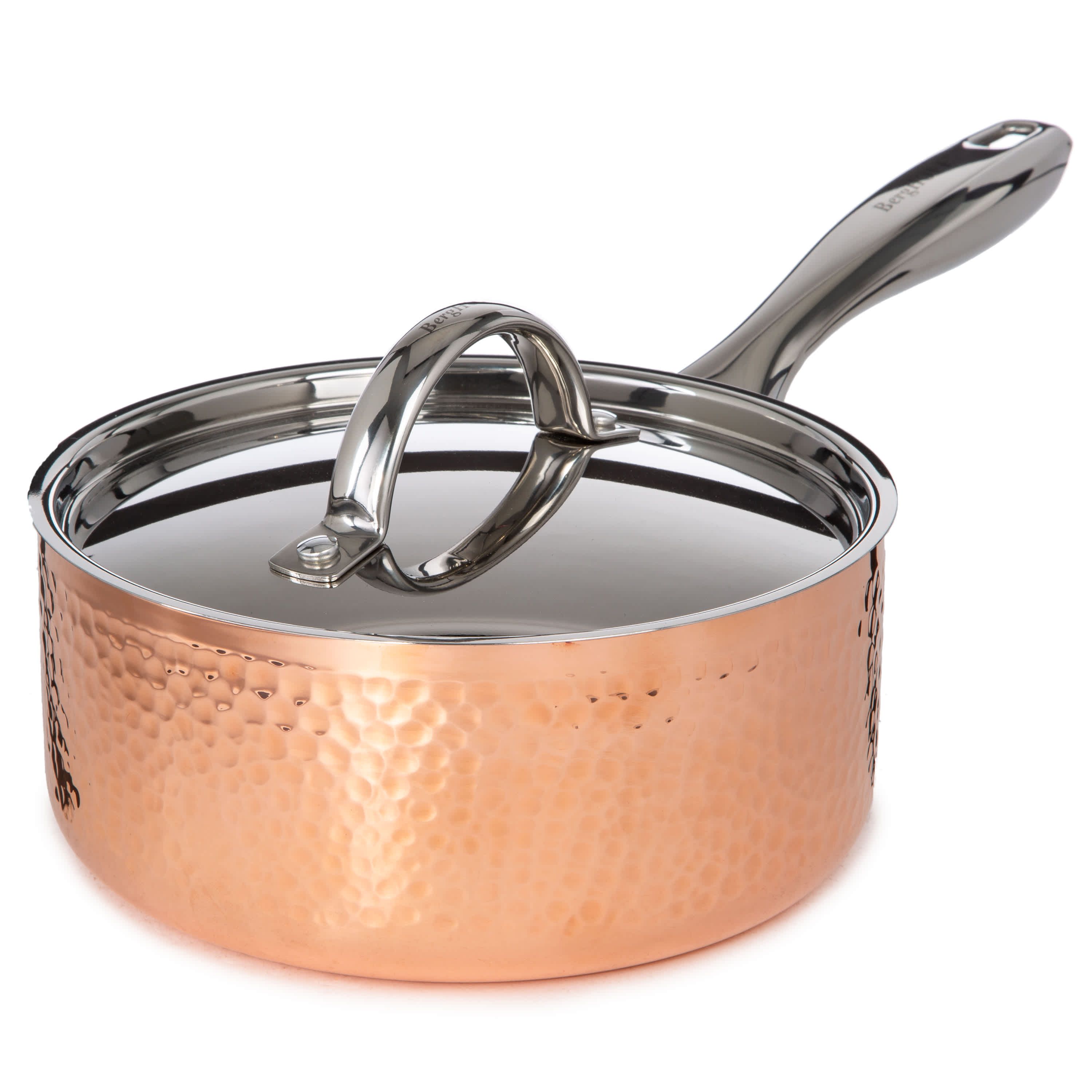 BergHOFF Vintage 5Pc Tri-Ply Copper 18/10 Stainless Steel Starter Cookware Set With Stainless Steel Lids, Hammered, Gold
