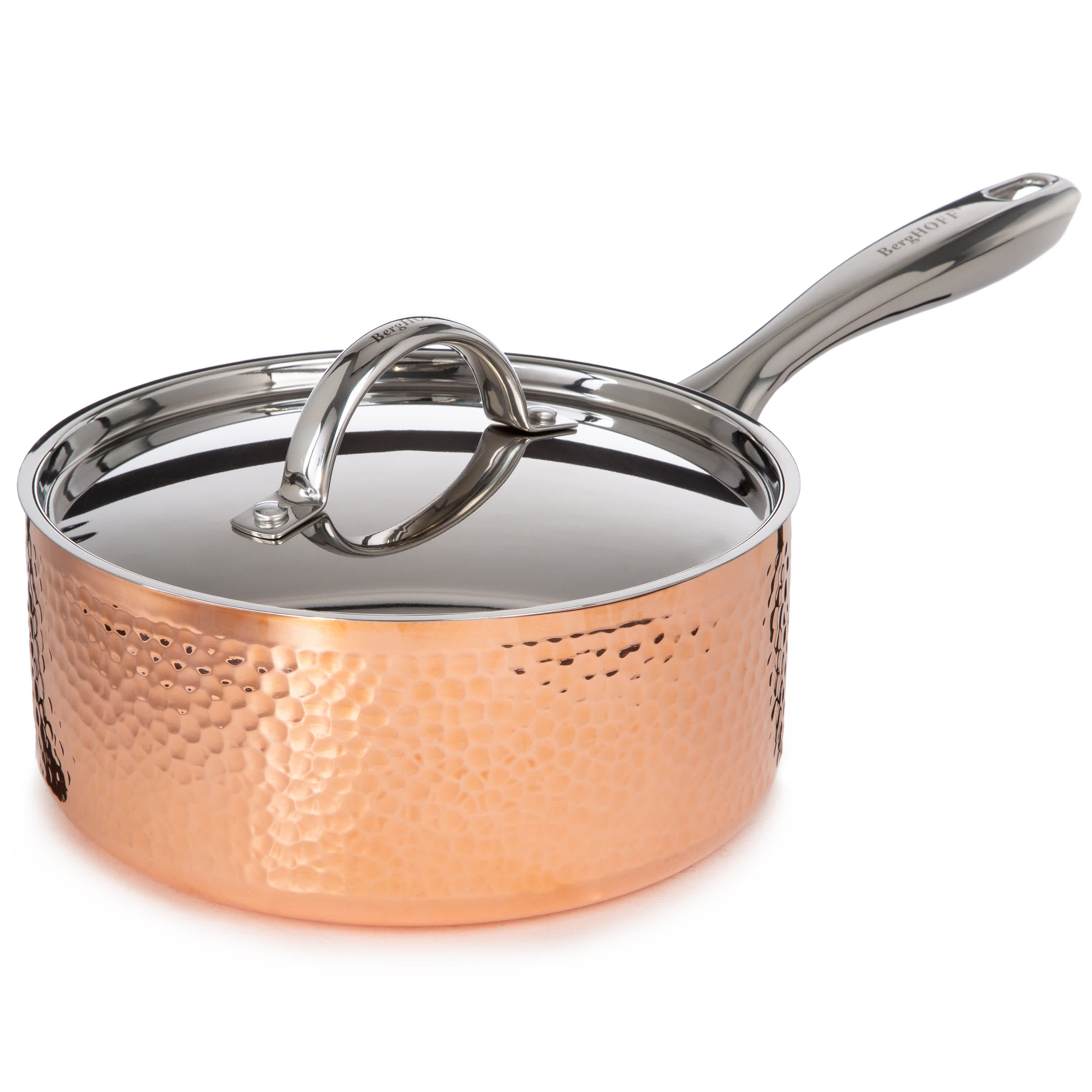 BergHOFF Vintage 5Pc Tri-Ply Copper 18/10 Stainless Steel Starter Cookware Set With Stainless Steel Lids, Hammered, Gold