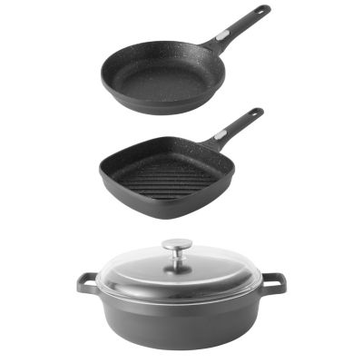 BergHOFF GEM 4pc Nonstick Cast Aluminum Cookware Set, Fry pan, Grill Pan & Saute Pan, Black