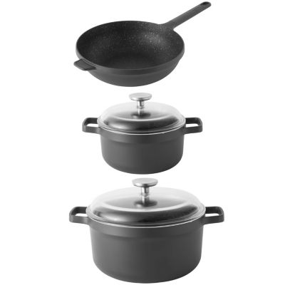 BergHOFF GEM 5Pc Nonstick Cast Aluminum Wok and Stockpots Cookware Set, Glass Lids, Black