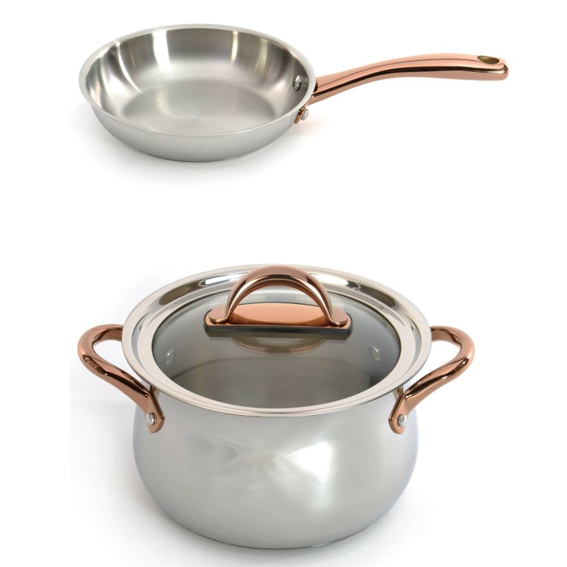 BergHOFF Ouro Gold 18/10 Stainless Steel 3Pc Cookware Set For One With Glass Lid, Rose Gold Handles