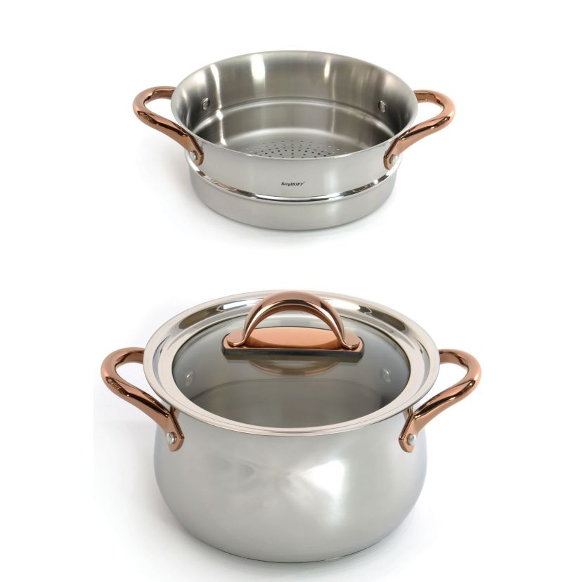 BergHOFF Ouro 18/10 Stainless Steel 3Pc Steamer Set With Glass Lid, Rose gold
