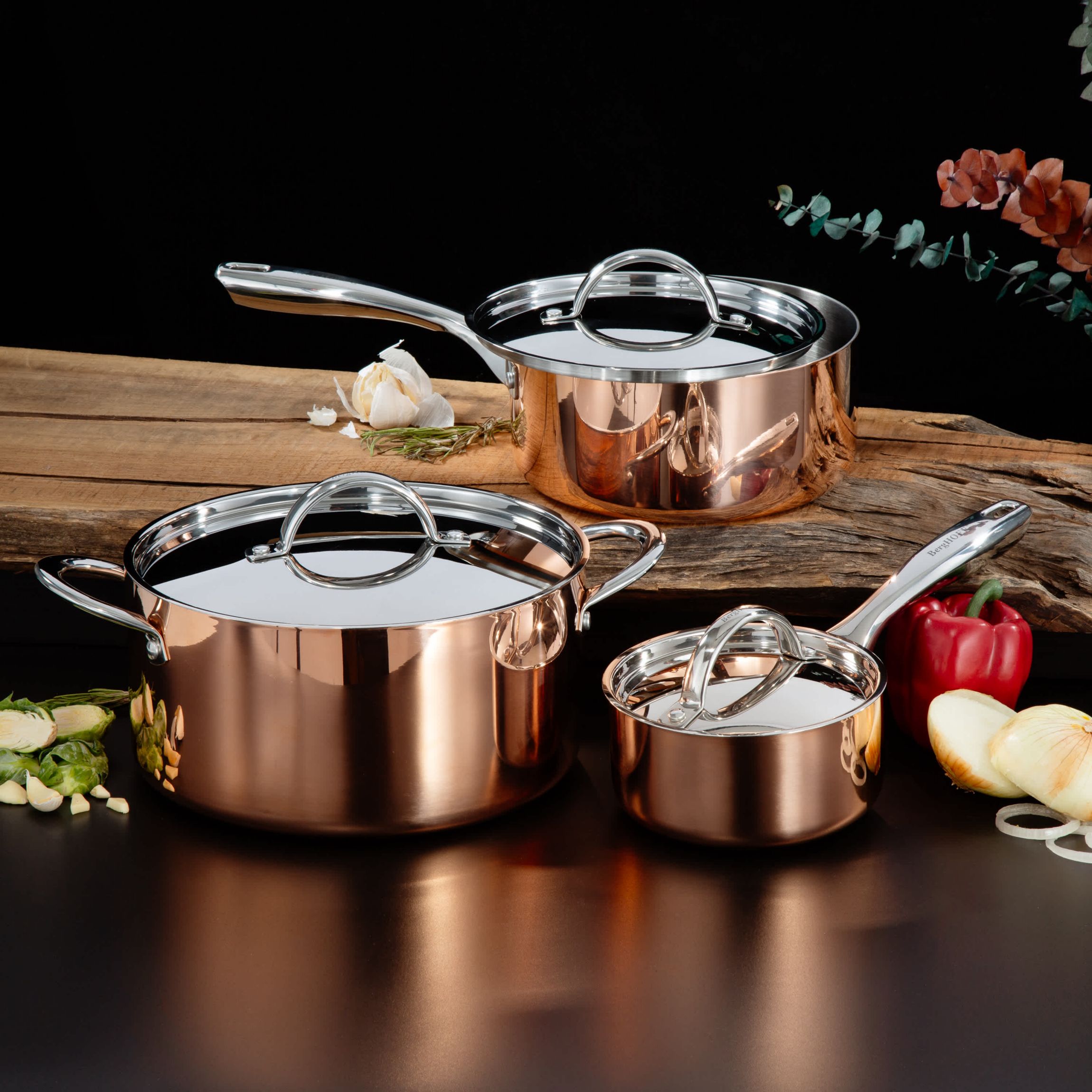 BergHOFF Copper Tri-Ply 6Pc Cookware Set With Matching Lids, Polished