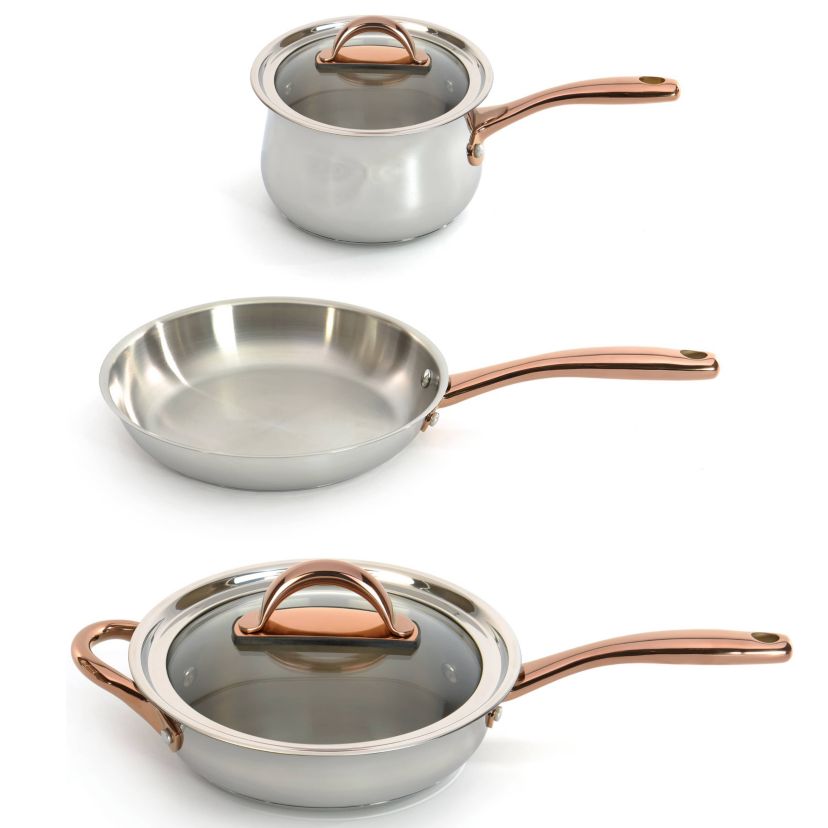 BergHOFF Ouro Gold 18/10 Stainless Steel 5Pc Starter Cookware Set With Glass Lids, Rose Gold Handle