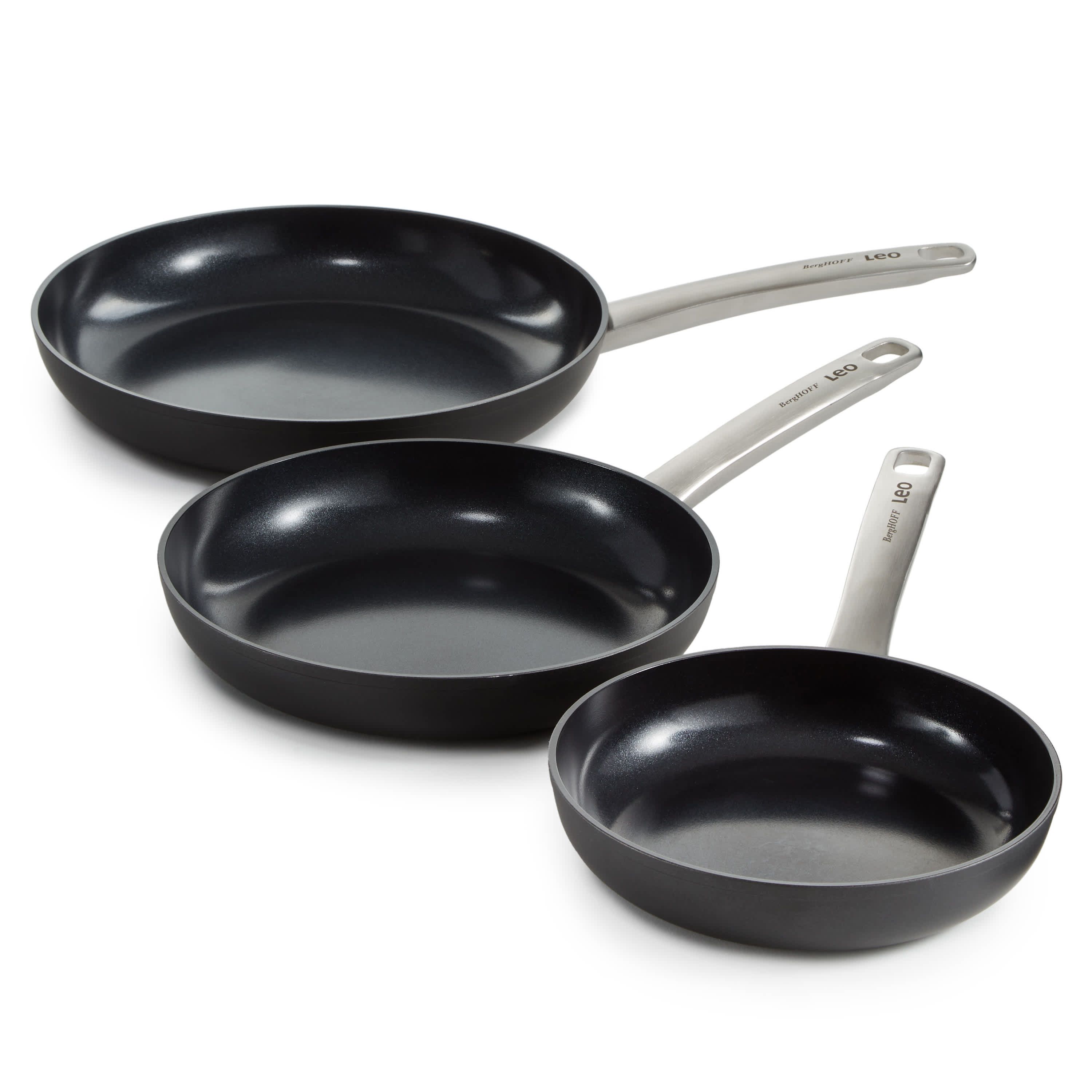 BergHOFF Graphite 3Pc Nonstick Ceramic Frying Pan/Skillet Set, Recycled Aluminum
