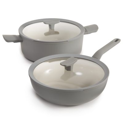 BergHOFF Balance 4Pc Nonstick Ceramic Stockpot and Wok Pan Set With Glass Lids, Recycled Aluminum, CeraGreen, Moonmist