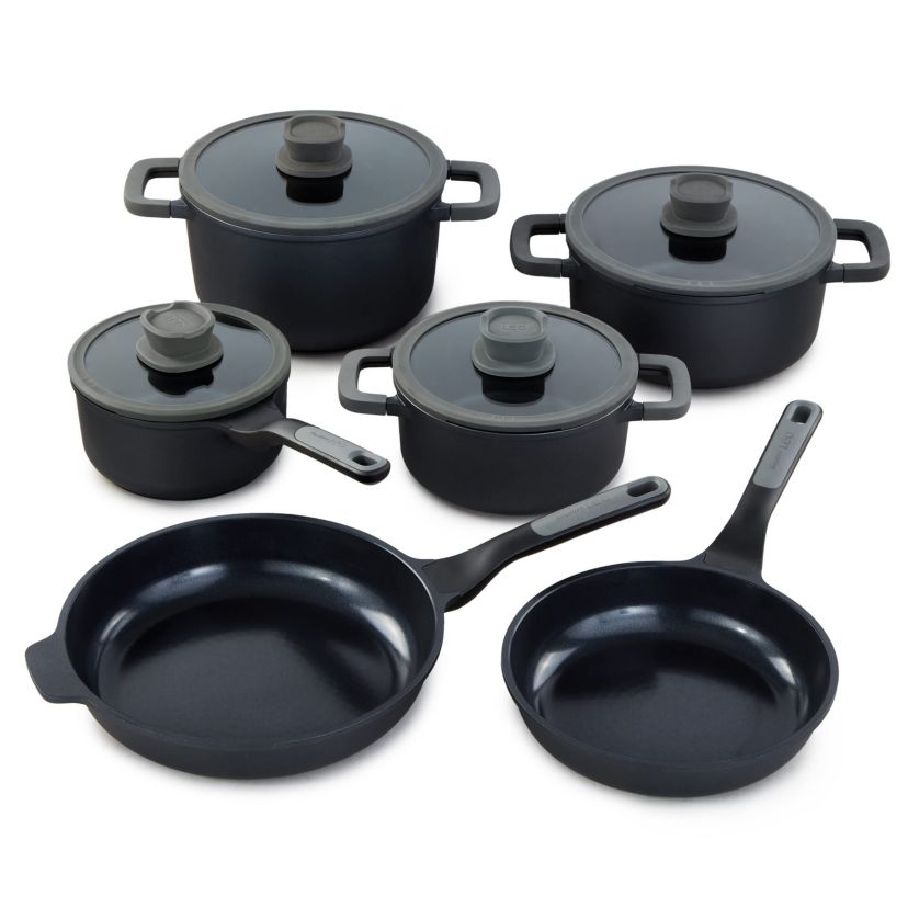 BergHOFF Leo Stone+ 10Pc Nonstick Ceramic Cookware Set With Glass Lid, Recycled Cast Aluminum