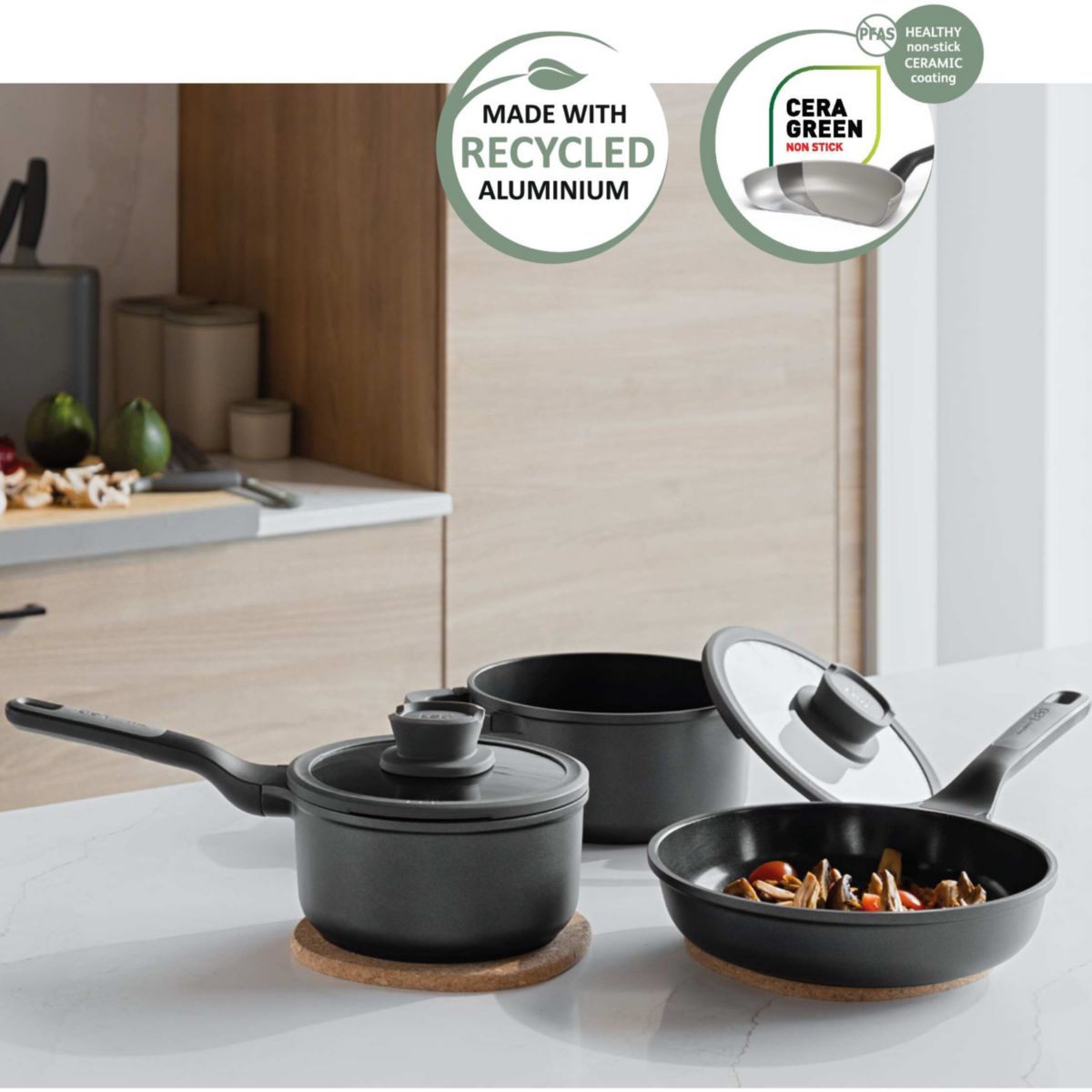 BergHOFF Leo Stone+ 10Pc Nonstick Ceramic Cookware Set With Glass Lid, Recycled Cast Aluminum