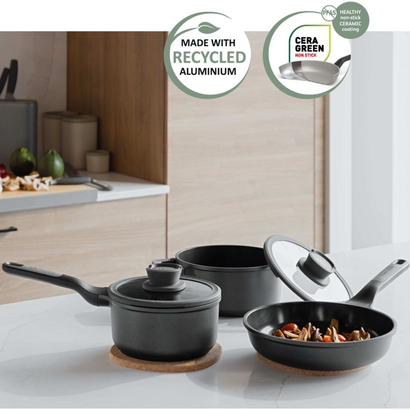 BergHOFF Leo Stone+ 10Pc Nonstick Ceramic Cookware Set With Glass Lid, Recycled Cast Aluminum