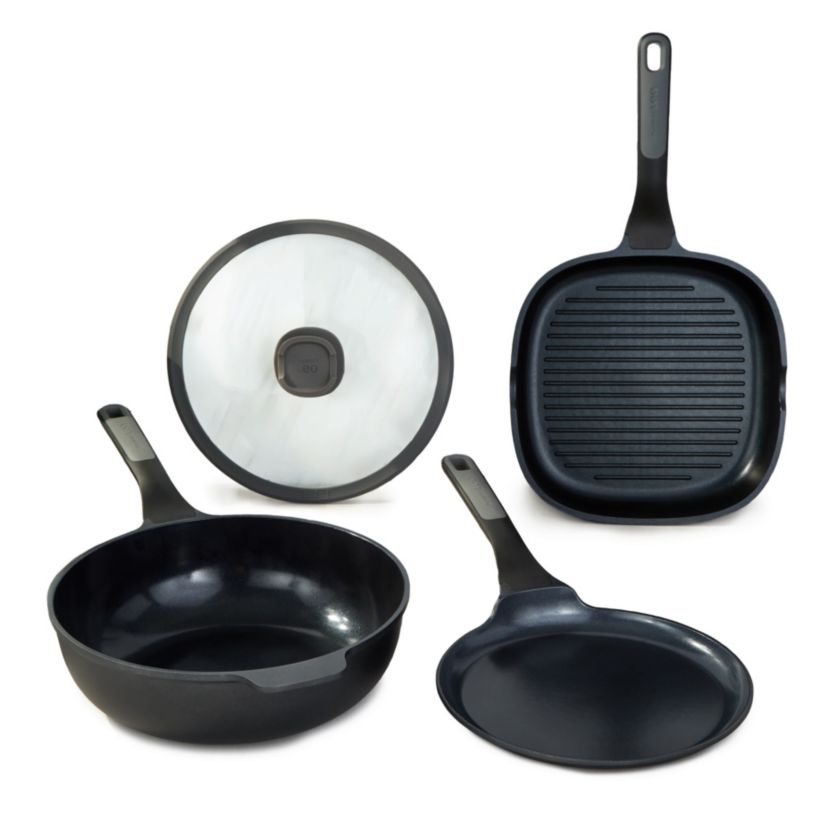 BergHOFF Leo Stone+ 4Pc Nonstick Ceramic Cookware Set With Glass Lid, Recycled Cast Aluminum