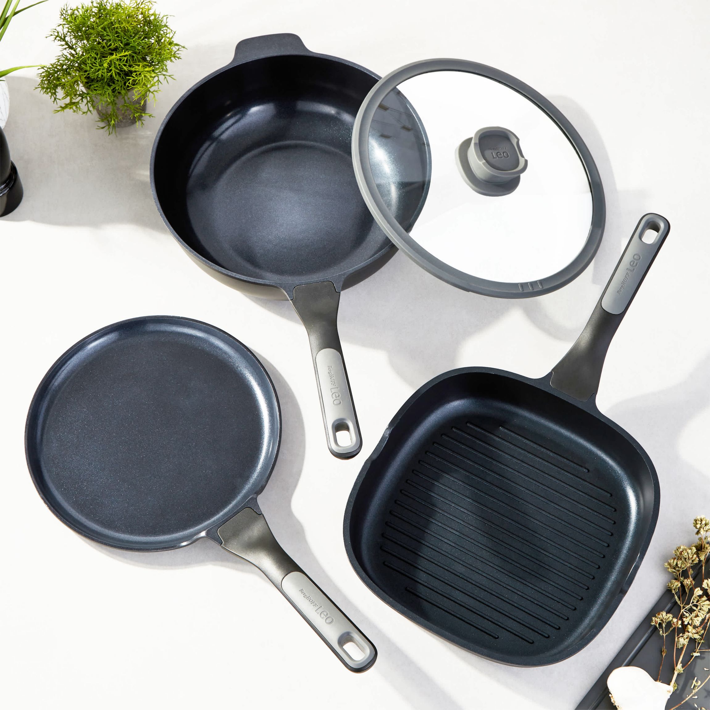 BergHOFF Leo Stone+ 4Pc Nonstick Ceramic Cookware Set With Glass Lid, Recycled Cast Aluminum