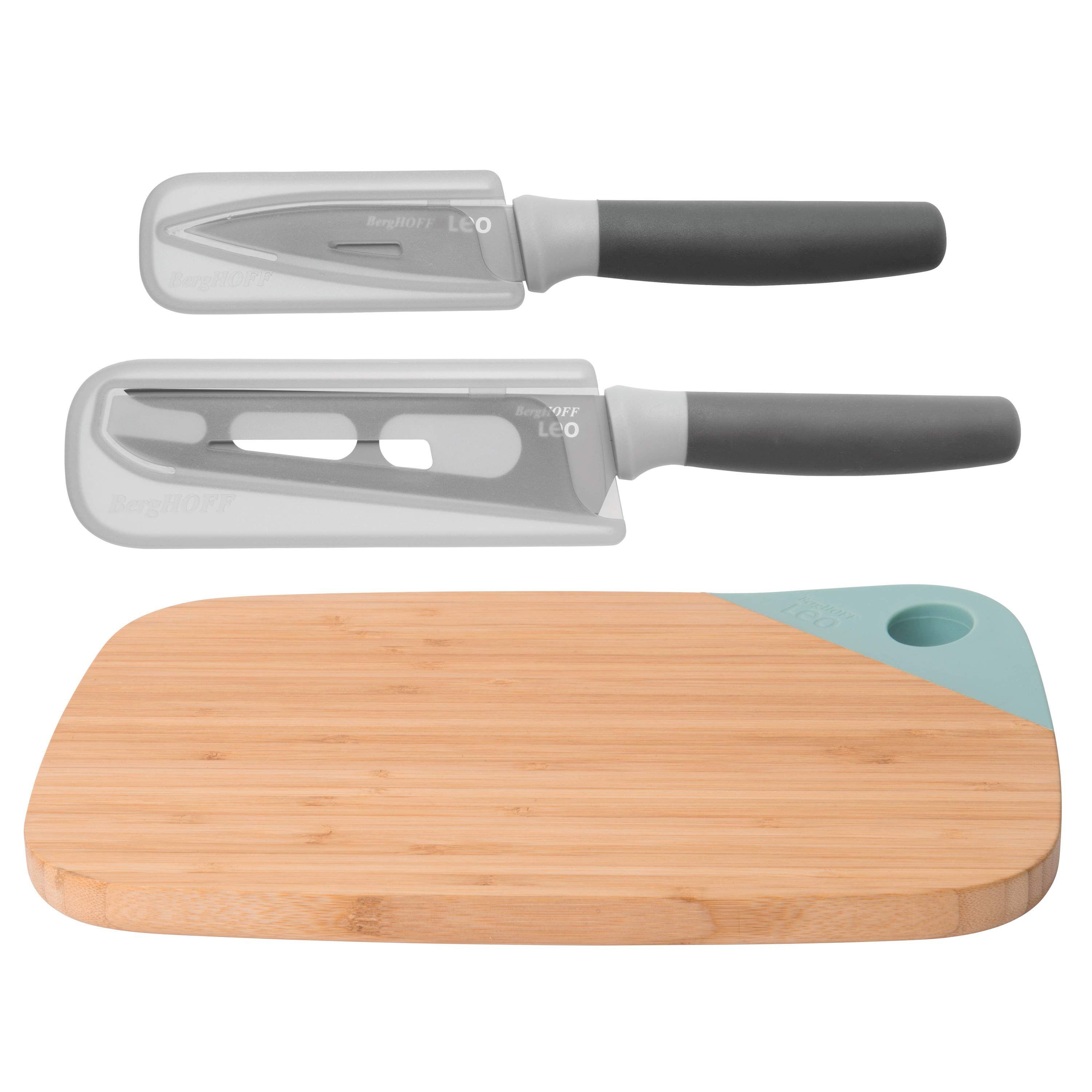 BergHOFF 3Pc LEO Bamboo Cutting board and Cutlery Set, Green and Grey