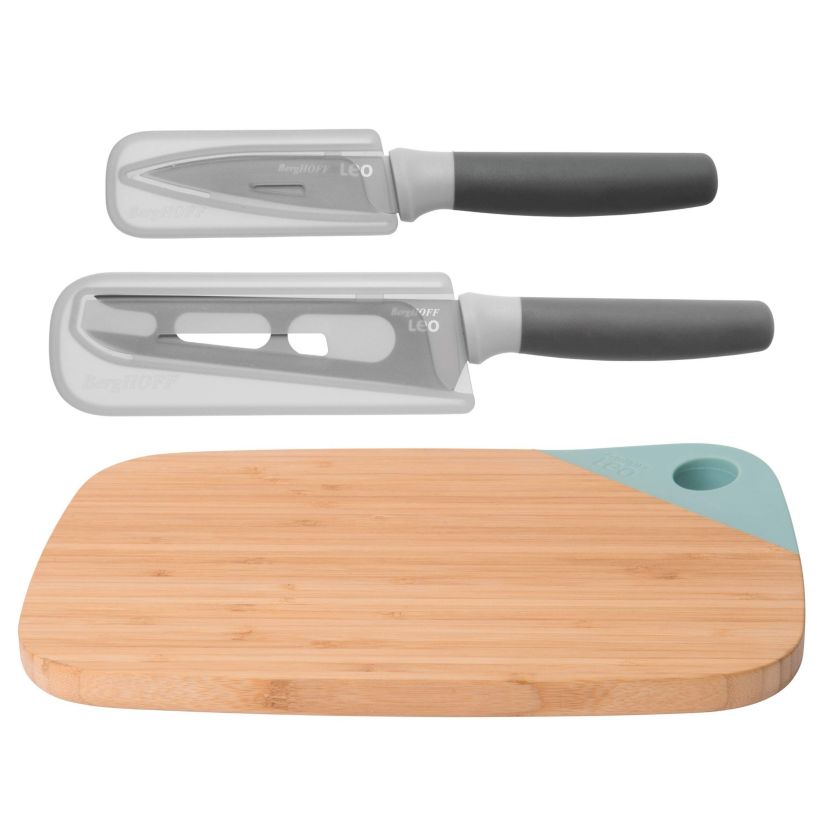 BergHOFF 3Pc LEO Bamboo Cutting board and Cutlery Set, Green and Grey