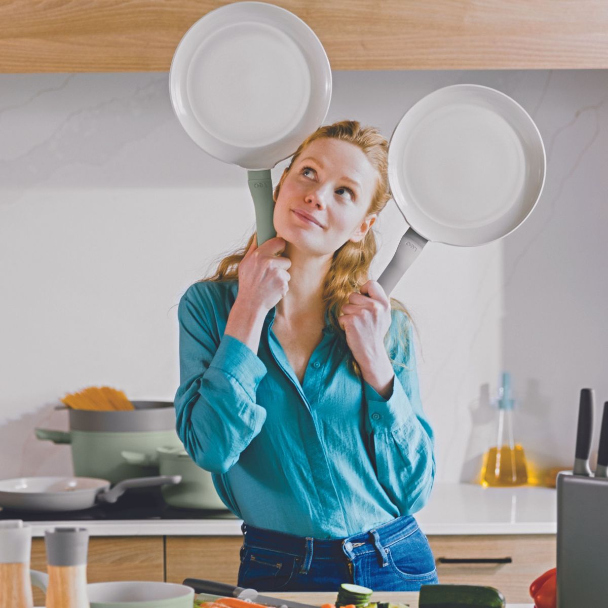 BergHOFF Leo Balance Nonstick Ceramic 5Pc Frying Pan Set With Nylon Turner 13.75", Recycled Material, Moonmist