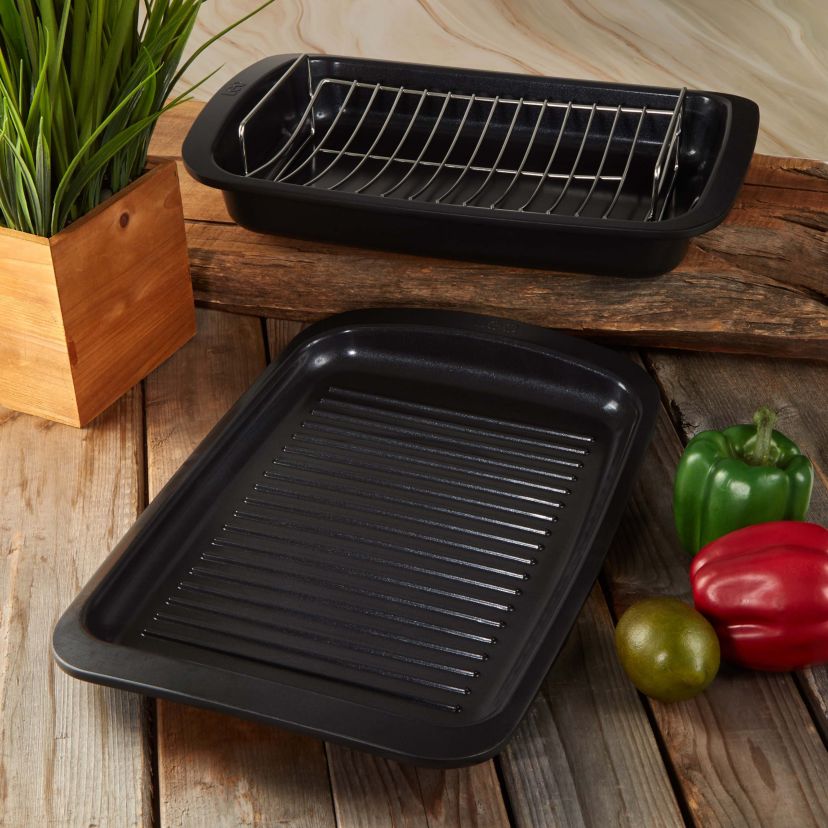 BergHOFF Graphite Nonstick Recycled Cast Aluminum Roaster with Removable Rack 16.5" X 11" X 2.75"
