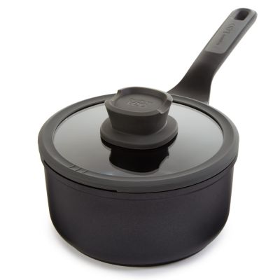 BergHOFF Leo Stone+ Nonstick Ceramic 7" Saucepan 2.1qt. With Glass Lid, Recycled Cast Aluminum, Black