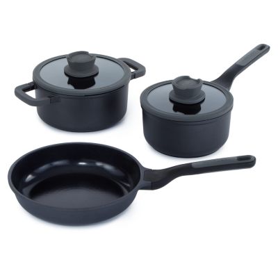 BergHOFF Leo Stone+ 5Pc Nonstick Ceramic Cookware Set With Glass Lid, Recycled Cast Aluminum, Black