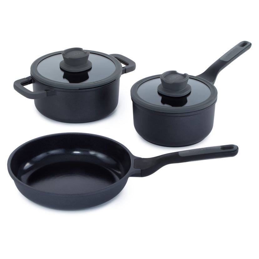 BergHOFF Leo Stone+ 5Pc Nonstick Ceramic Cookware Set With Glass Lid, Recycled Cast Aluminum