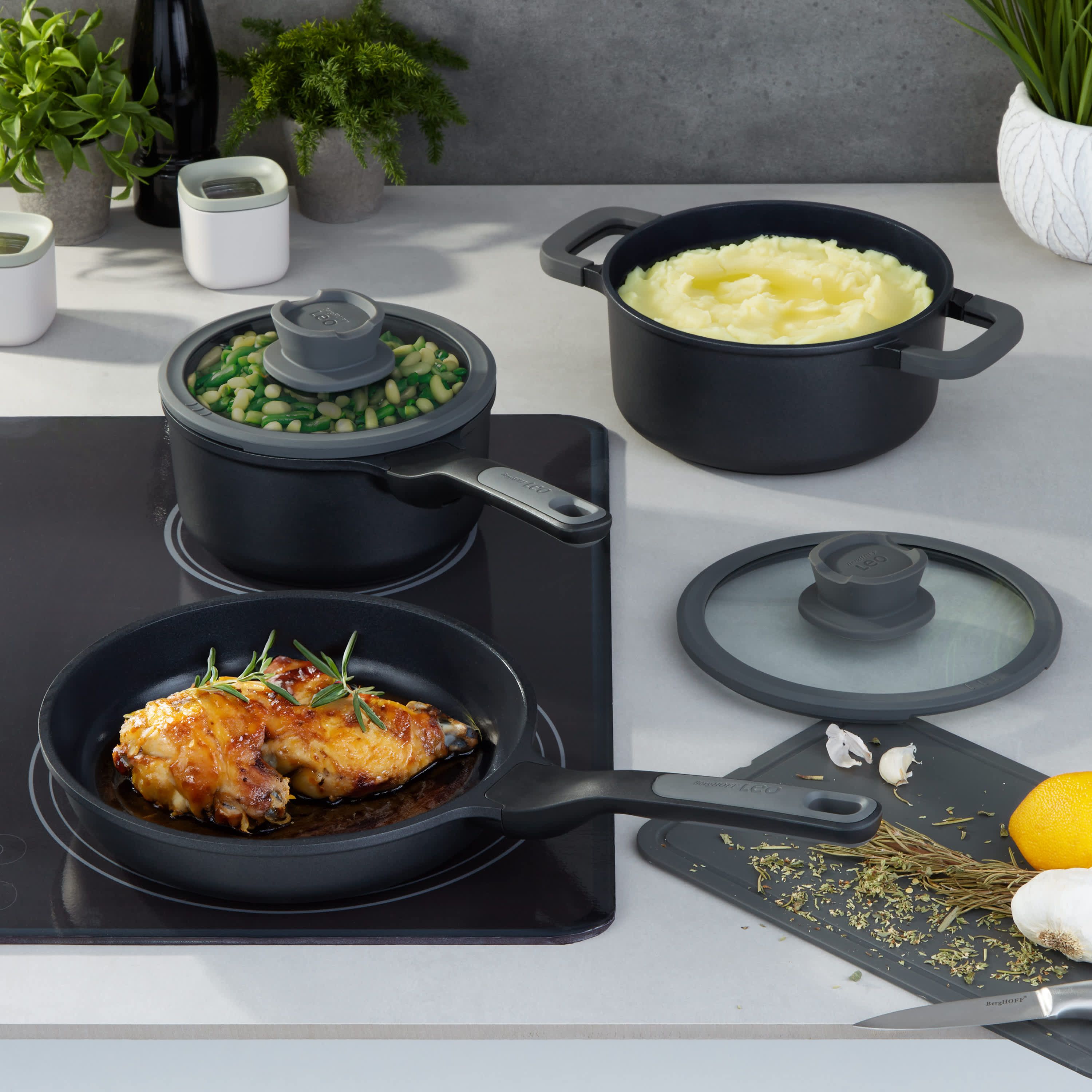 BergHOFF Leo Stone+ 5Pc Nonstick Ceramic Cookware Set With Glass Lid, Recycled Cast Aluminum