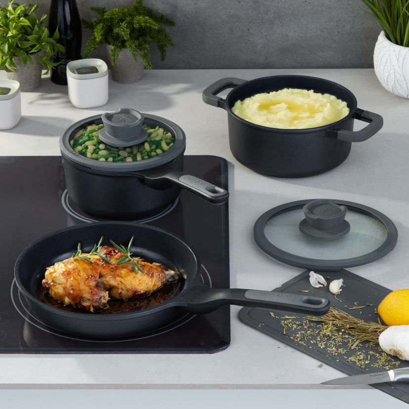 BergHOFF Leo Stone+ 5Pc Nonstick Ceramic Cookware Set With Glass Lid, Recycled Cast Aluminum