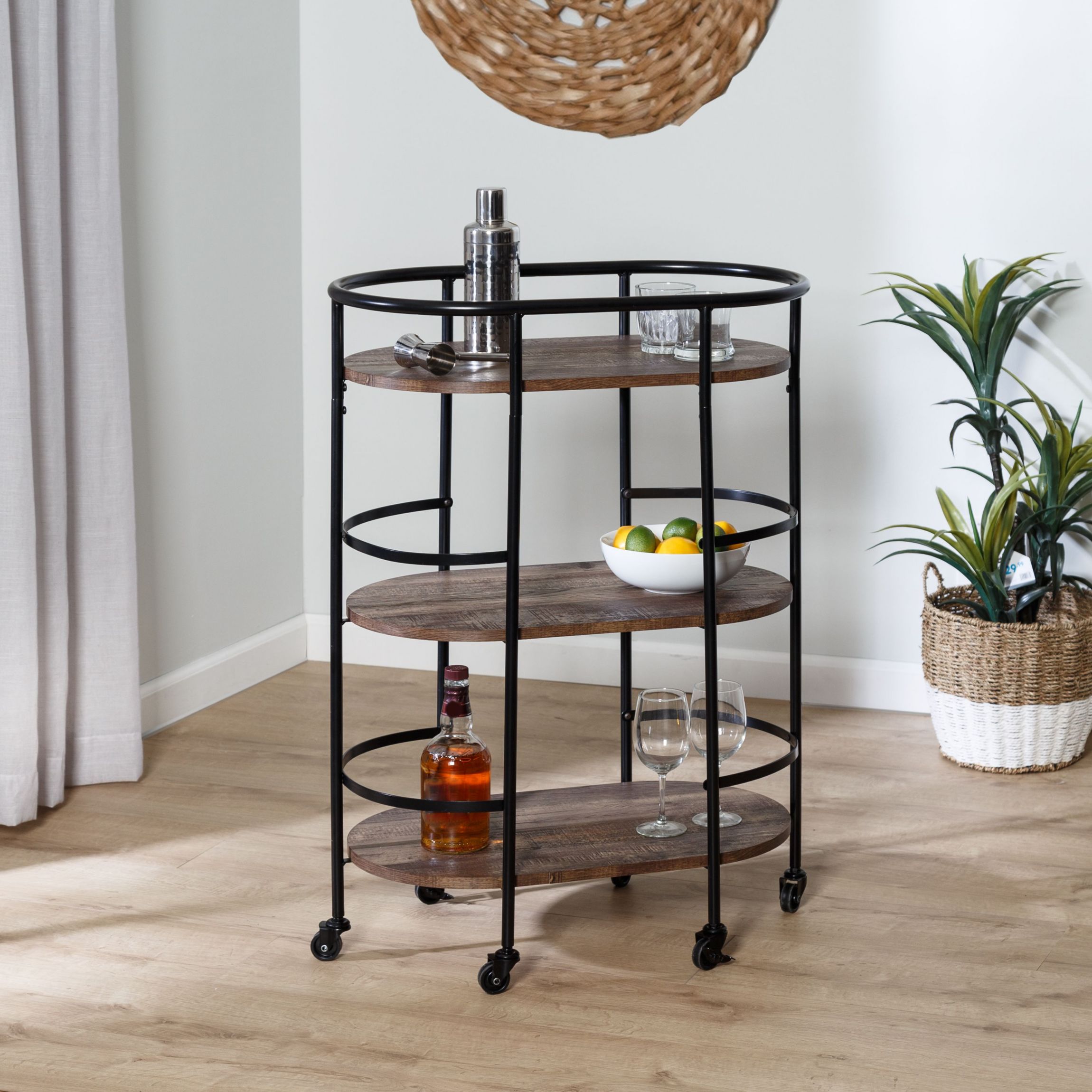 3-Tier Rolling Bar & Serving Cart, Black & Rustic Brown