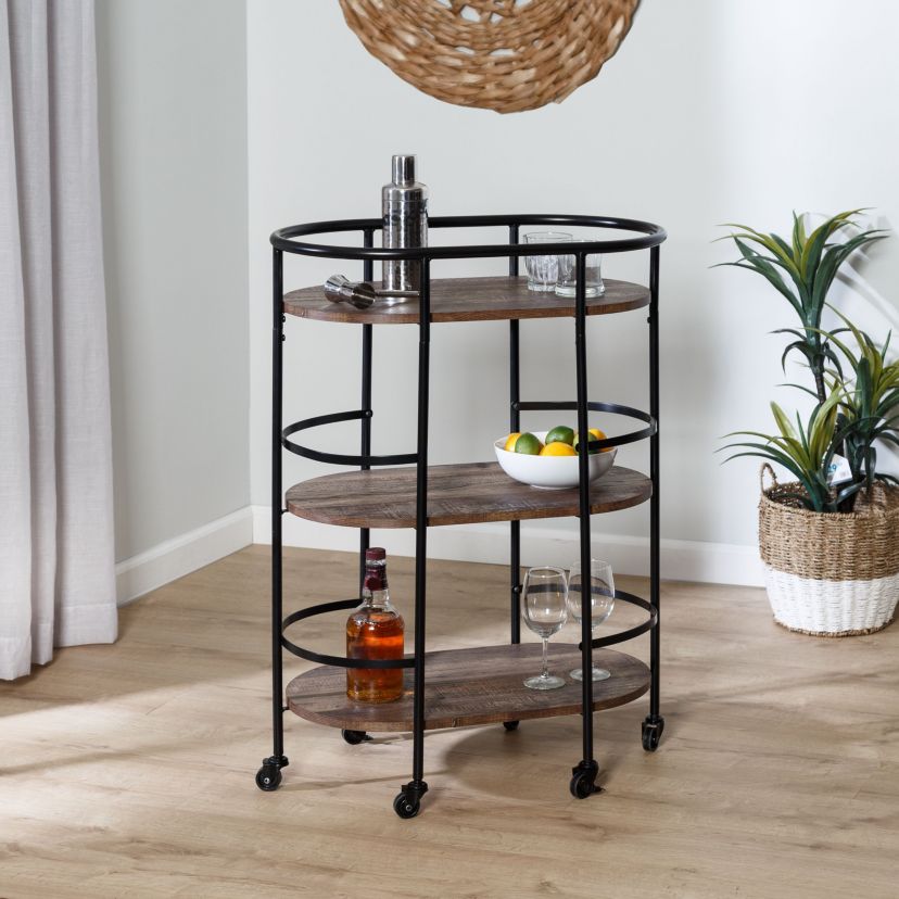3-Tier Rolling Bar & Serving Cart, Black & Rustic Brown