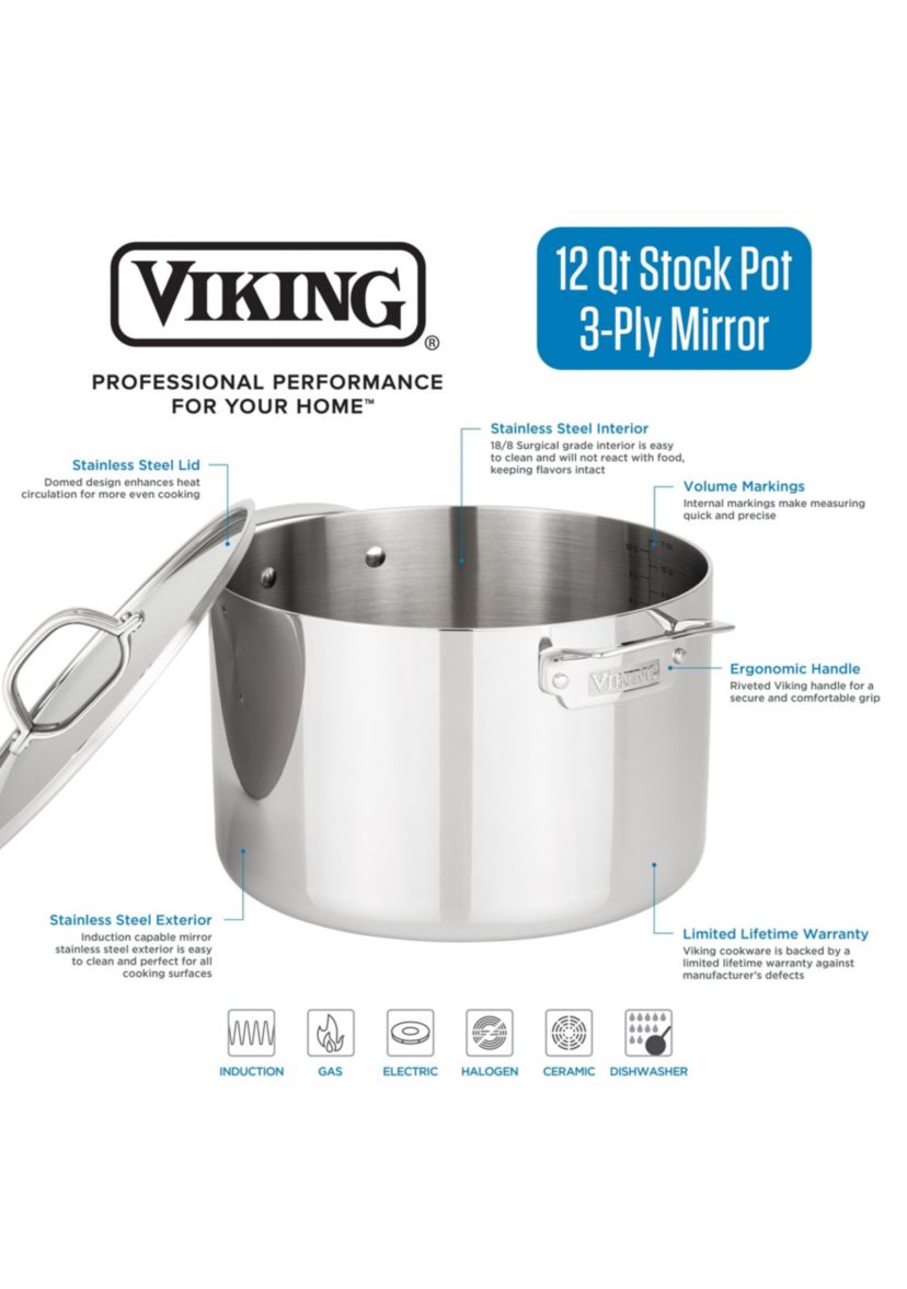 3Ply 12 Quart Stainless Steel Stock Pot with Metal Lid