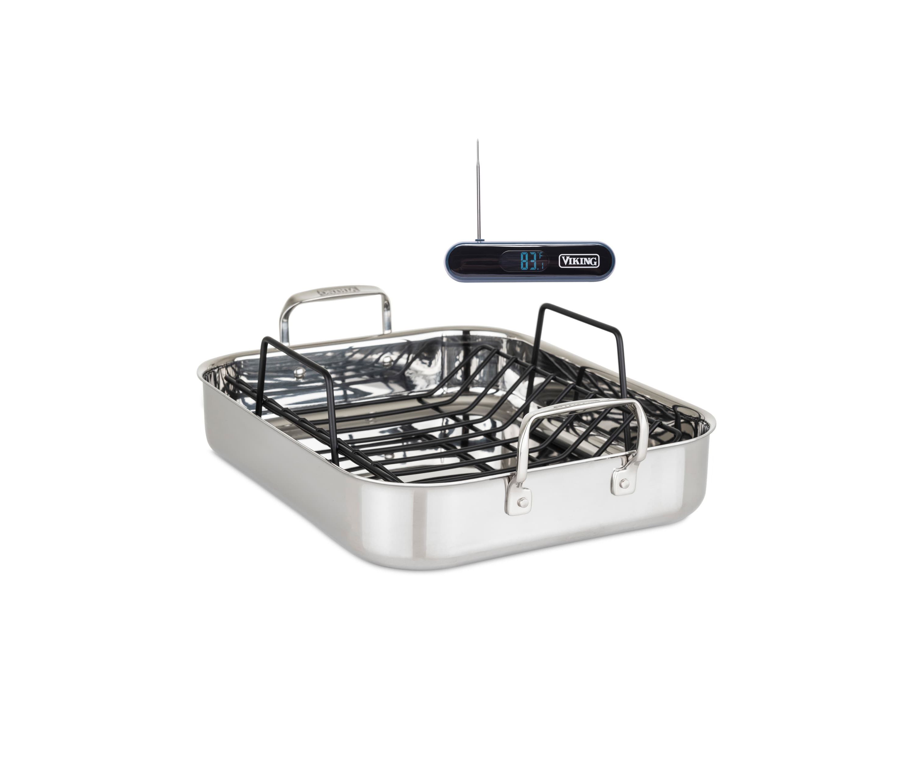 Viking 3-Ply Stainless Steel Roasting Pan with Rack and Thermometer Set