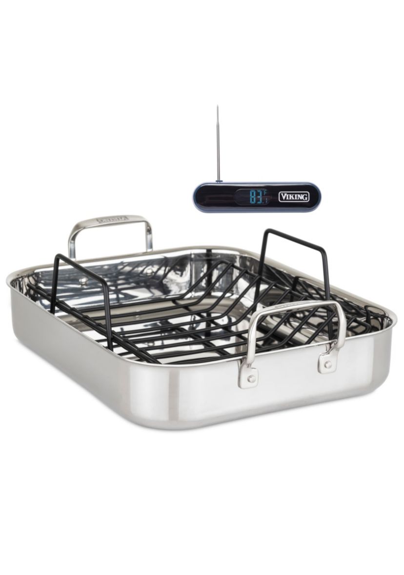 Viking 3-Ply Stainless Steel Roasting Pan with Rack and Thermometer Set