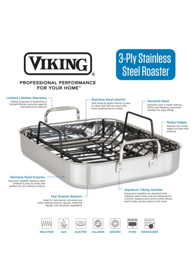 Viking 3-Ply Stainless Steel Roasting Pan with Rack and Thermometer Set