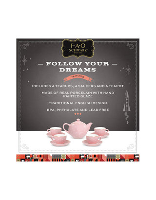 Brand New FAO Schwarz 9 Piece Ceramic Tea Party Set Pink Polka Dot 