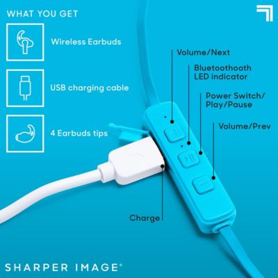 SHARPER IMAGE Bluetooth Wireless Sports Earbuds with Adjustable Strap, Built-In Mic, Button Controls, 7 Hour Playtime, Compatible with Iphone Android Galaxy, Extra Ear Tips, For Gym & Working Out