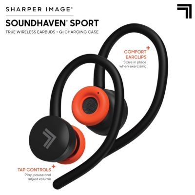 Sharper Image Soundhaven Sport True Wireless Earbuds with Qi Charging Case, IPX4 Sweatproof Water Resistance, Built-In Microphone with Tap Controls, Graphene Drivers for High-Fidelity Music