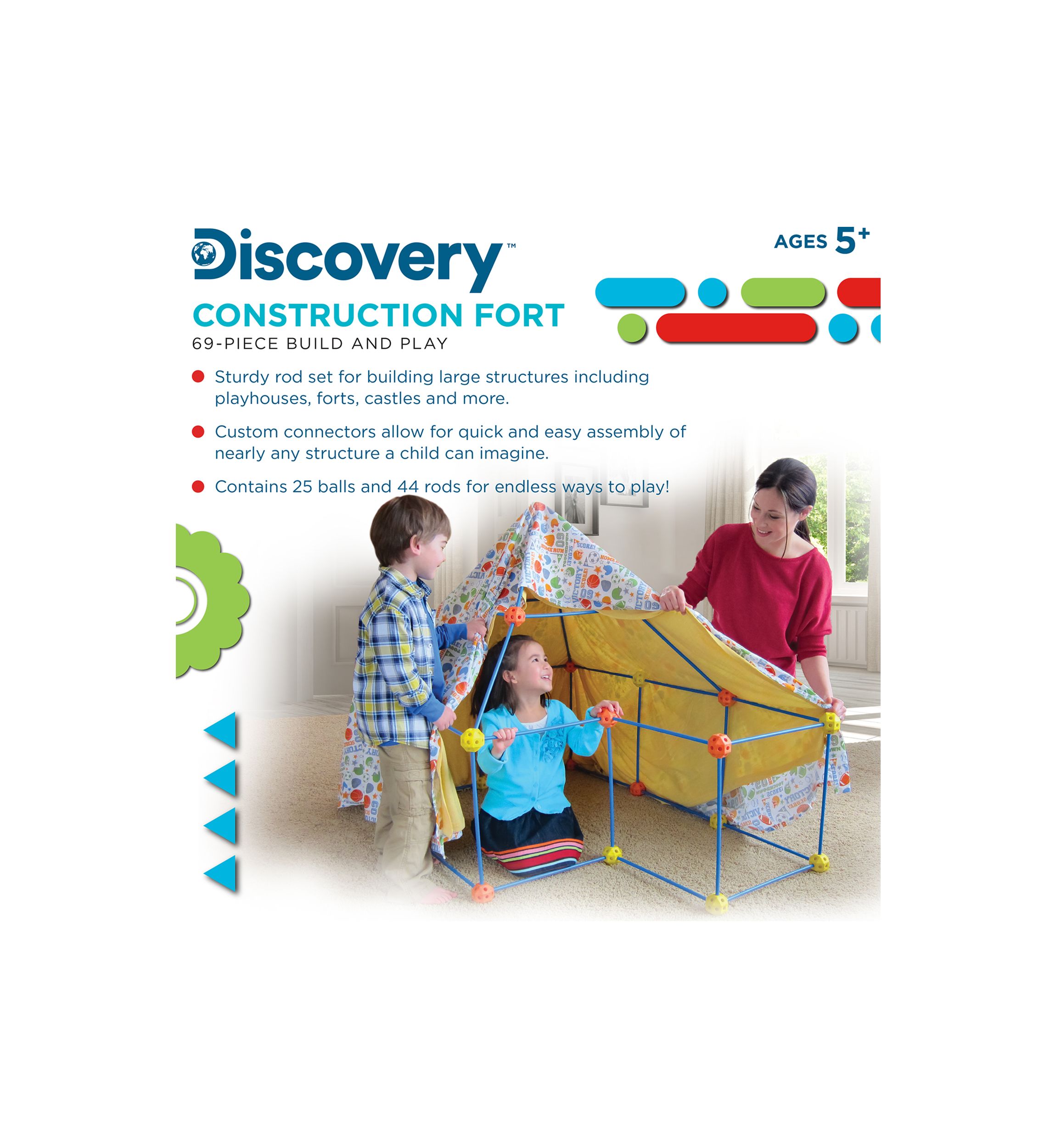 69 Piece Flexible Construction Fort with 44 Rods & 25 Connector Blocks