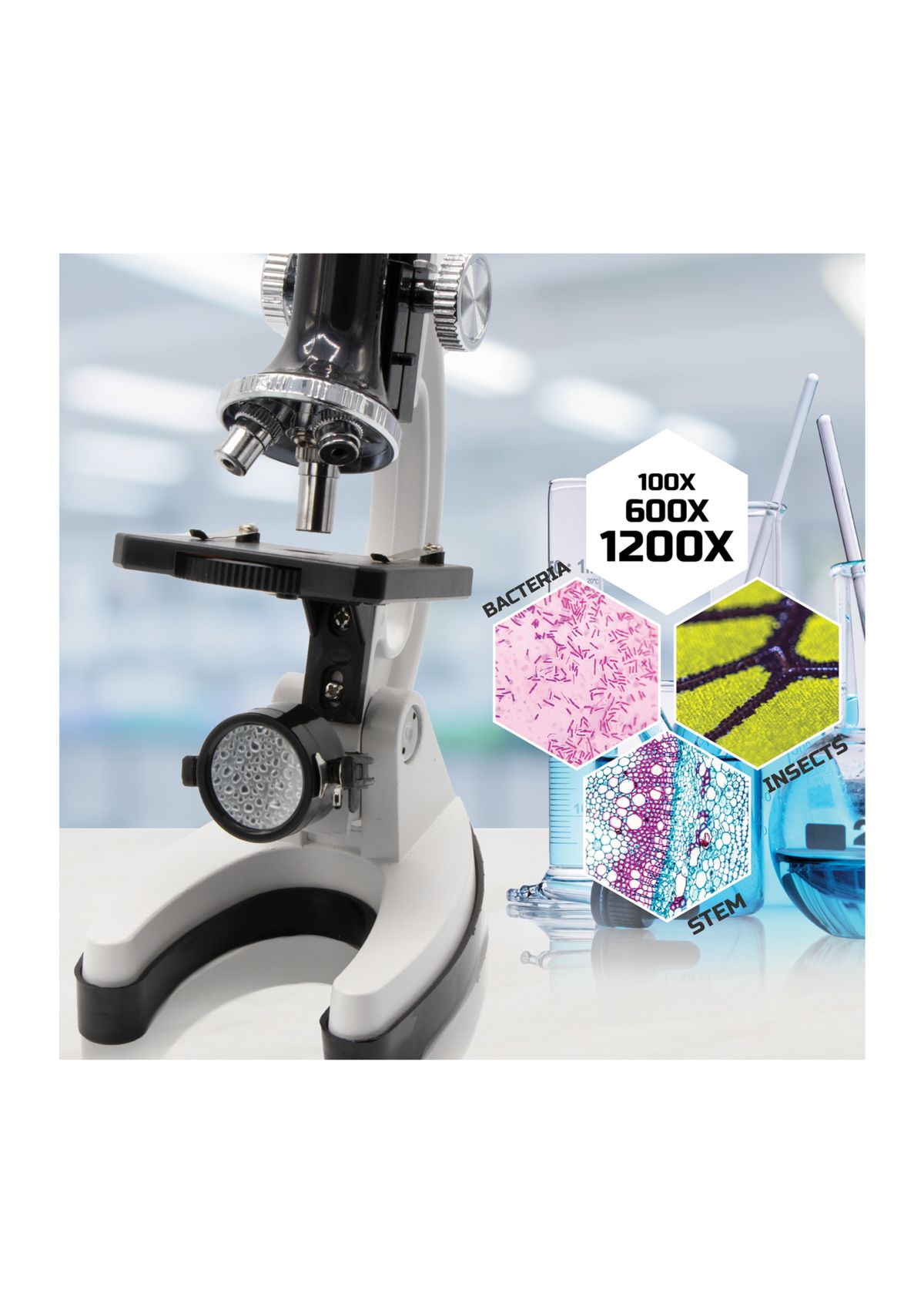  Microscope Set 52-Piece with Durable Metal Framework, 120X to 1200X Magnification  