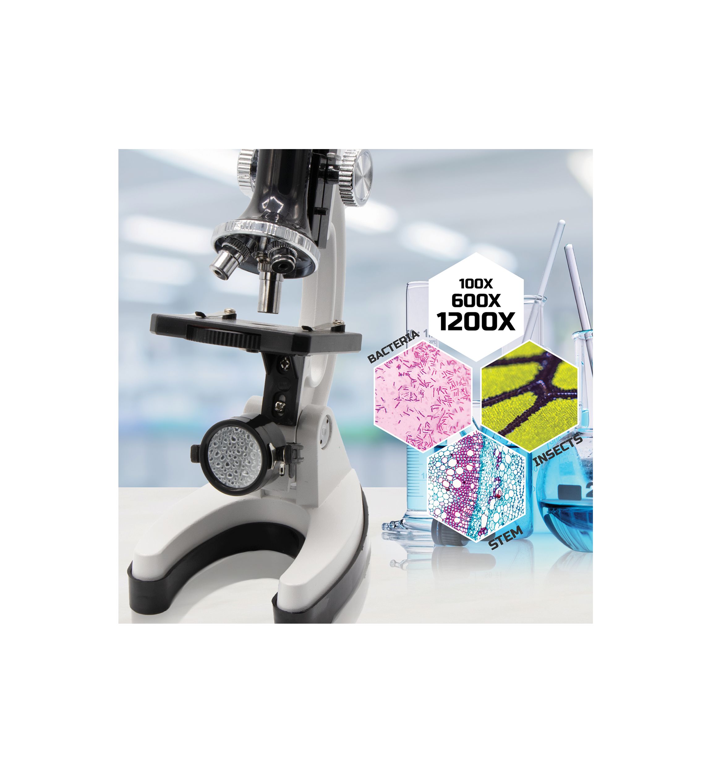  Microscope Set 52-Piece with Durable Metal Framework, 120X to 1200X Magnification  