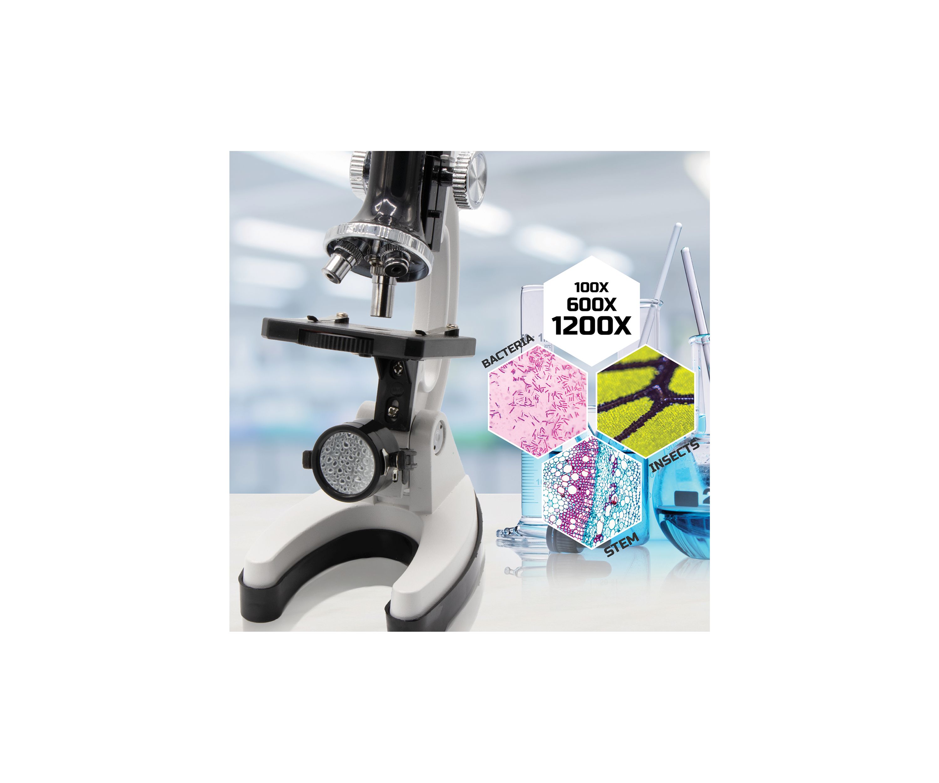  Microscope Set 52-Piece with Durable Metal Framework, 120X to 1200X Magnification  