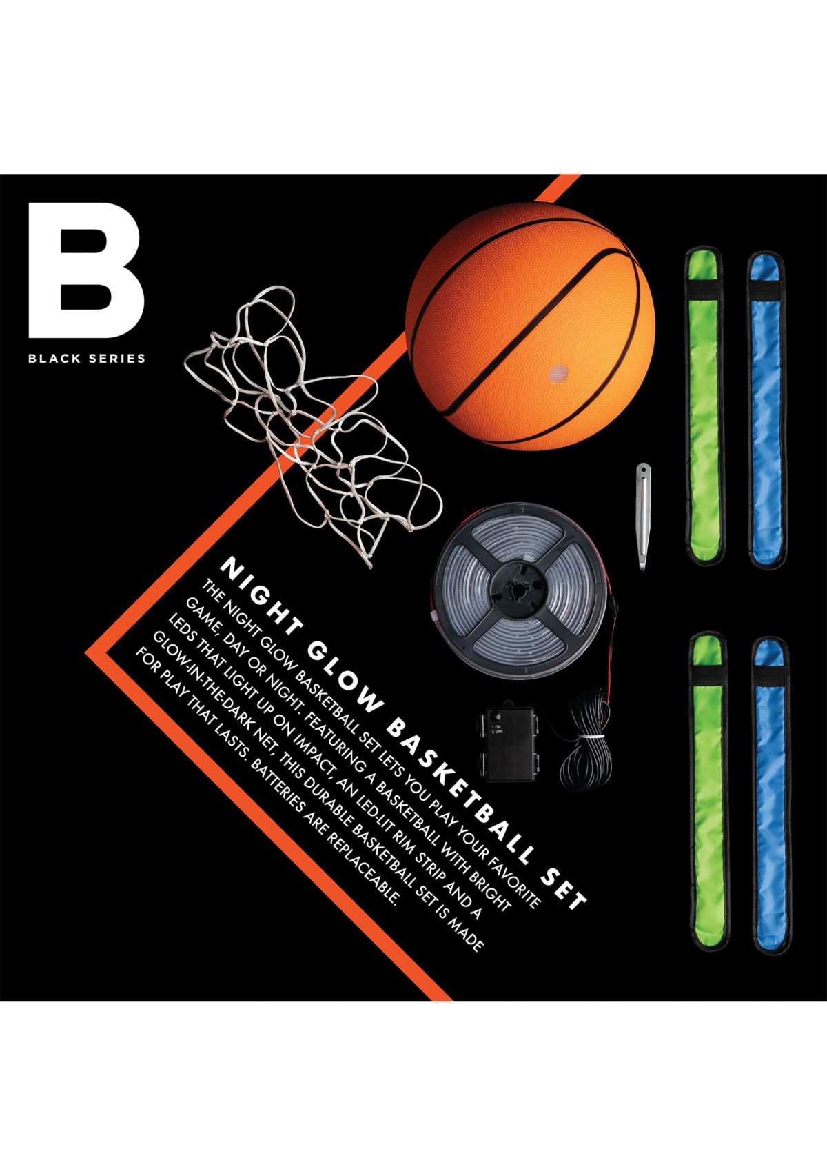 Black Series Night Glow Basketball Set, LED Light-Up Ball Net and Wristbands