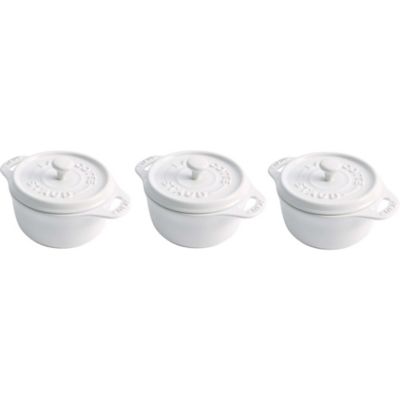 Staub Stoneware 3-pc Mini Round Cocotte Set, White, 10 Pieces