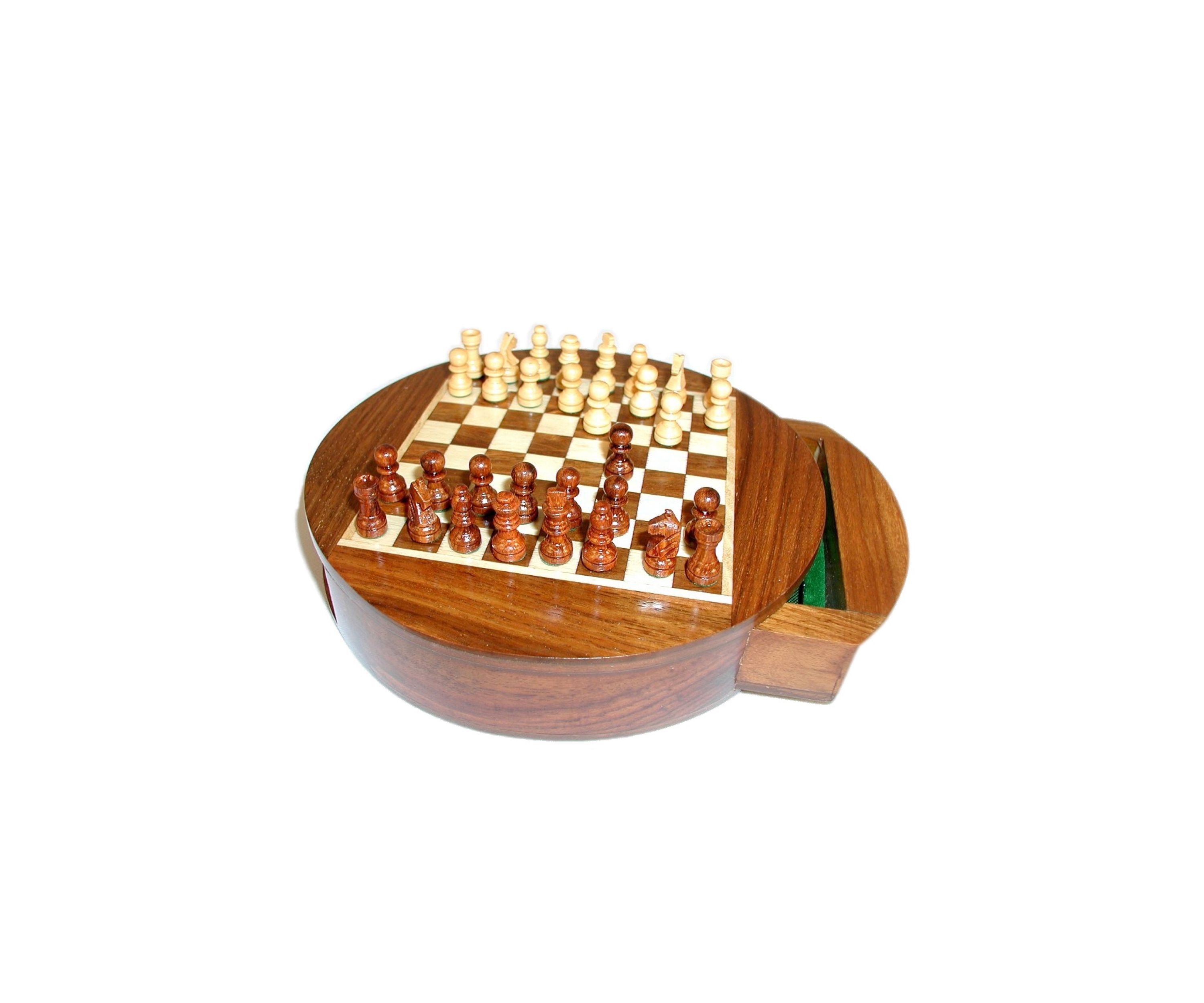 6 Inch Magnetic Round Wood Inlaid Chess Set with Slide Drawer