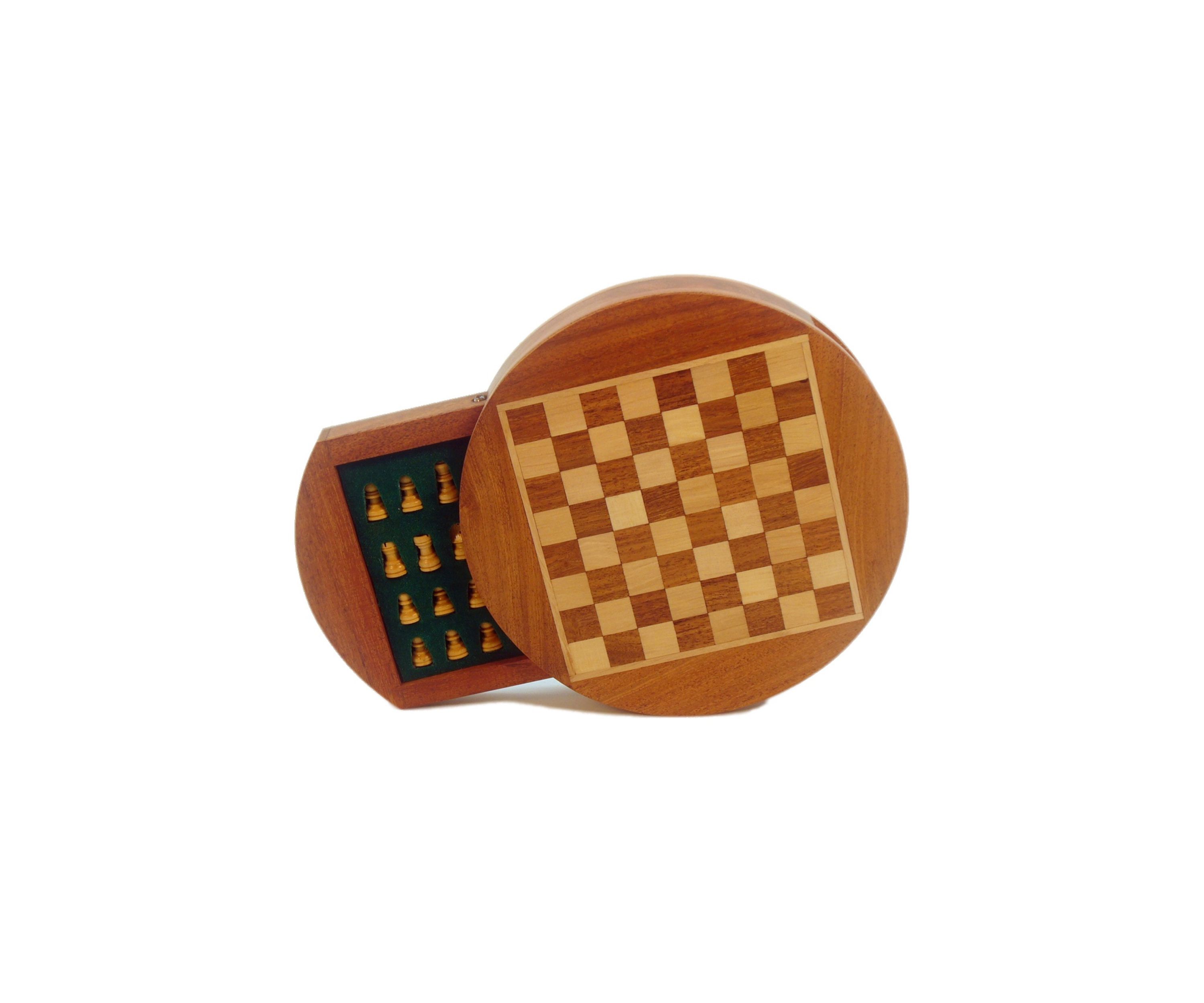 6 Inch Magnetic Round Wood Inlaid Chess Set with Slide Drawer