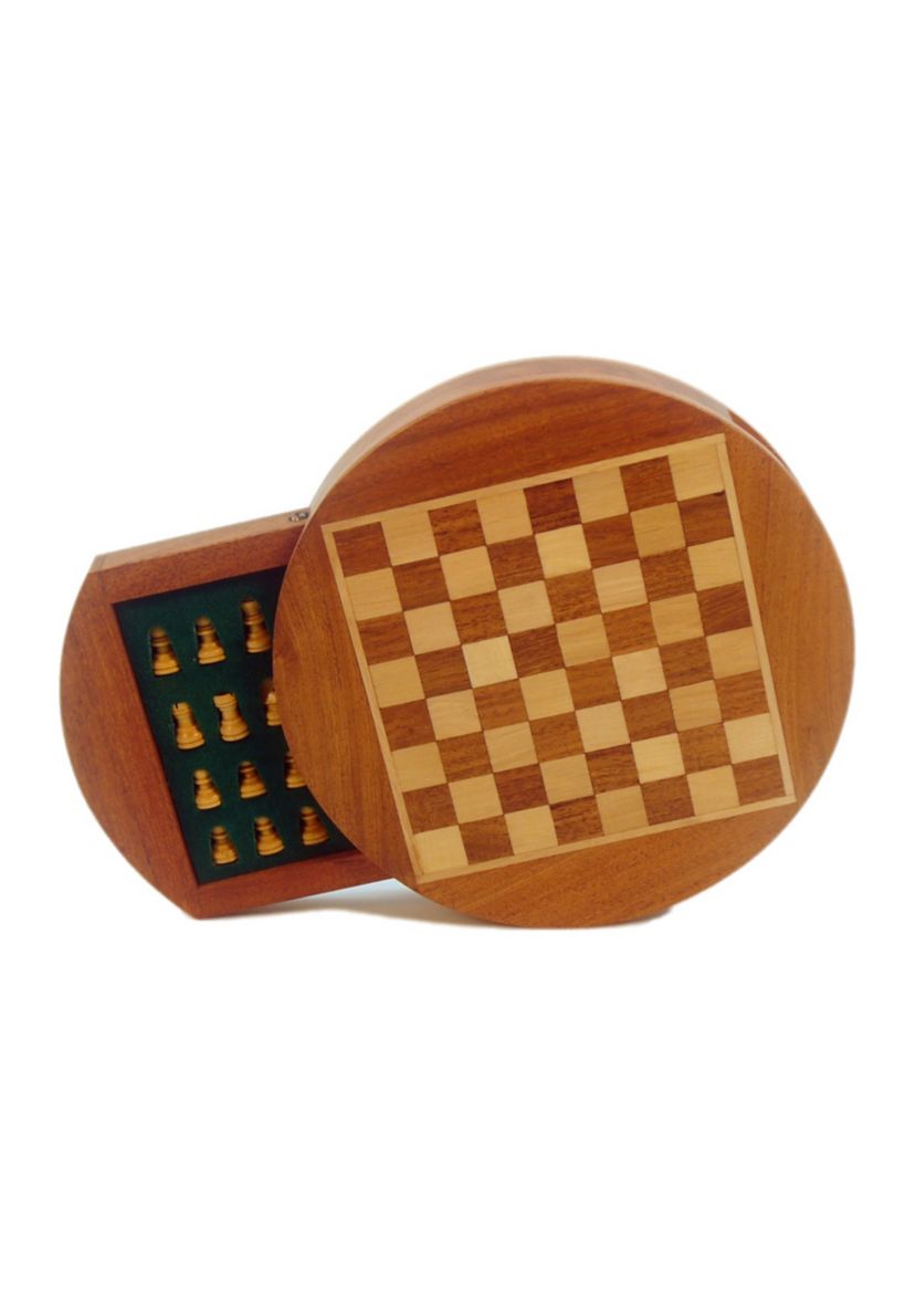 6 Inch Magnetic Round Wood Inlaid Chess Set with Slide Drawer