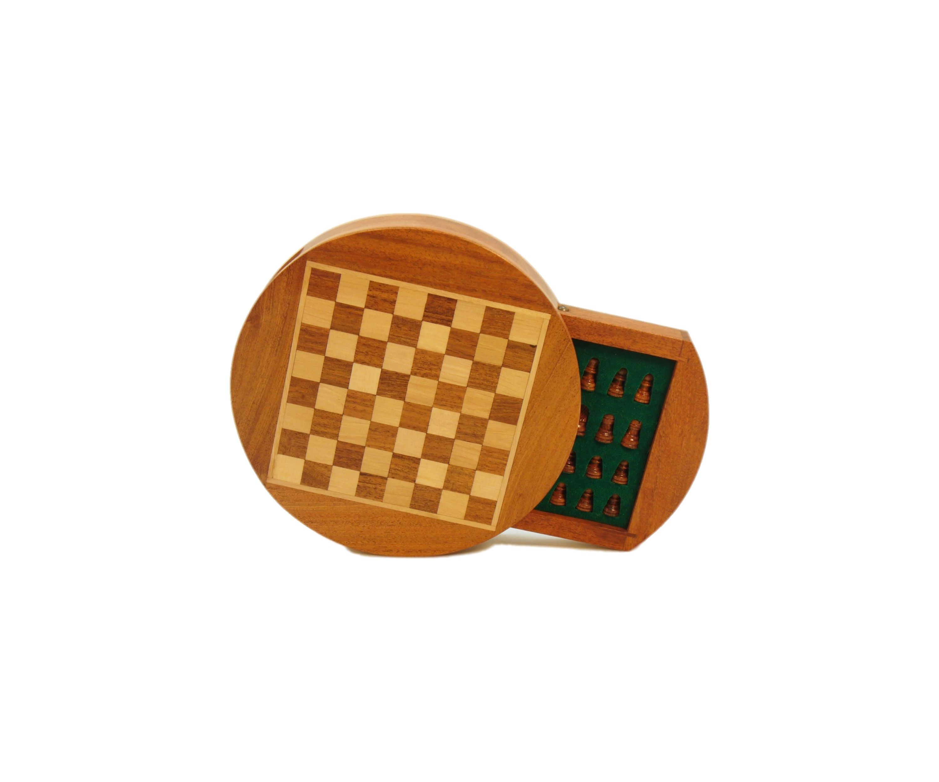 6 Inch Magnetic Round Wood Inlaid Chess Set with Slide Drawer
