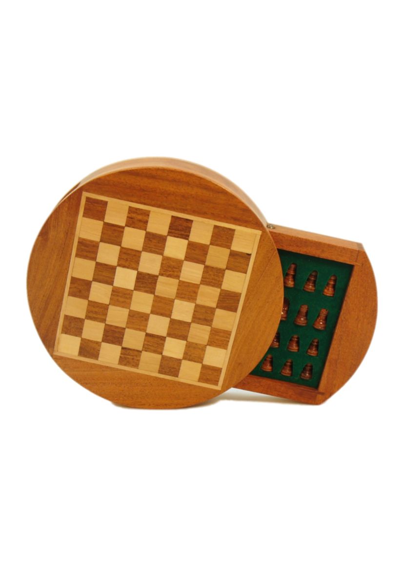 6 Inch Magnetic Round Wood Inlaid Chess Set with Slide Drawer
