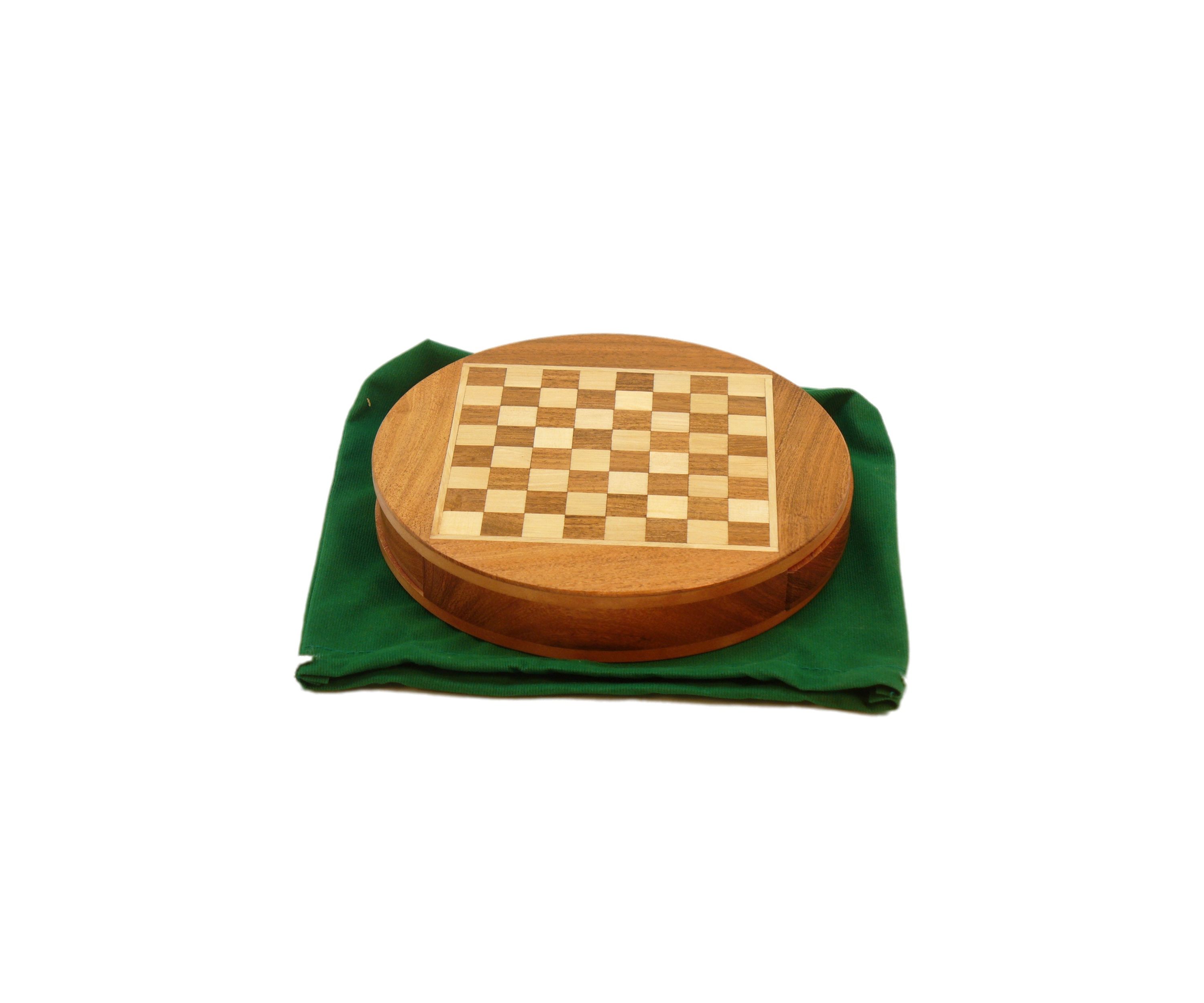 6 Inch Magnetic Round Wood Inlaid Chess Set with Slide Drawer