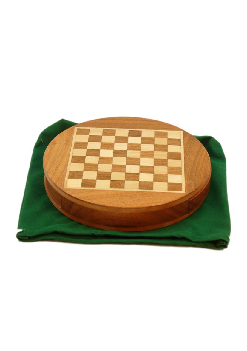 6 Inch Magnetic Round Wood Inlaid Chess Set with Slide Drawer