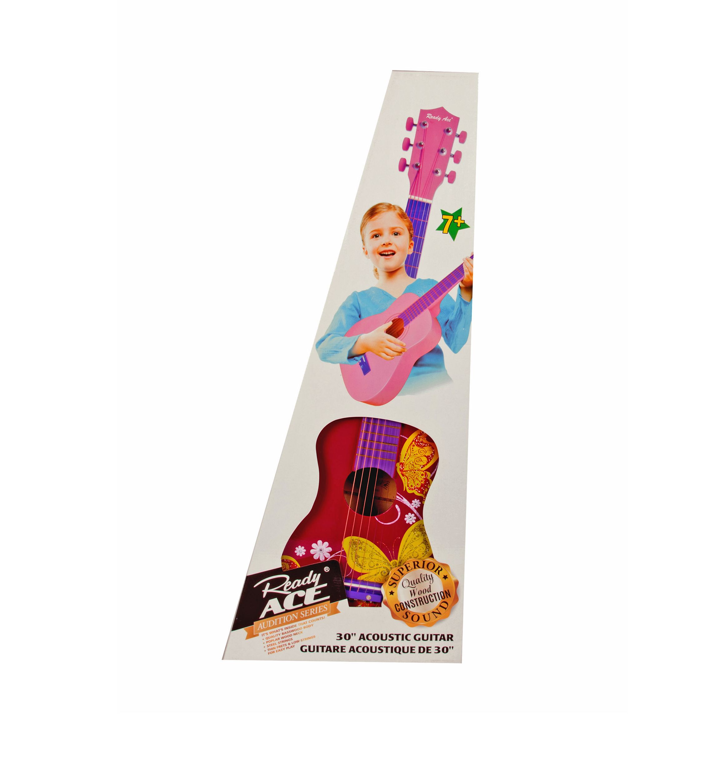 30 Inch Acoustic Student Guitar Pink with Butterfly Designs